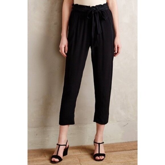 Womens Anthropologie Cartonnier Black Paperbag Tapered Leg Crepe Pants pockets - Picture 1 of 13
